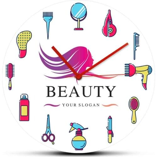 Beauty Salon Acrylic Printed Wall Hanging Clock With Custom Name Logo Hair Salon Barber Shop Non ticking Wall Watch Hairdressing
