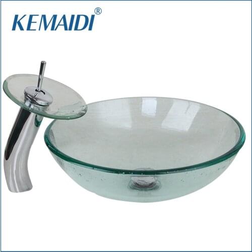 UK New Bathroom Transparent Glass Basin Sink Countertop Bath Basin Vessel Vanity Tempered Glass Bowl Ship with Waterfall Faucet