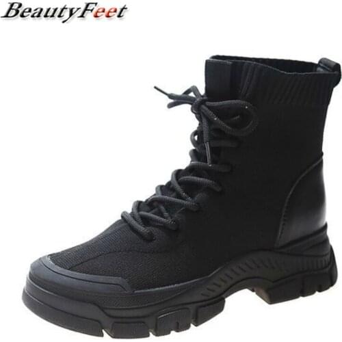 2020 New Autumn Winter Boots for Women Shoes Woman Square Heels Chunky Boots Lace Up Solid Knitting Sock Ankle Boots Plus Size