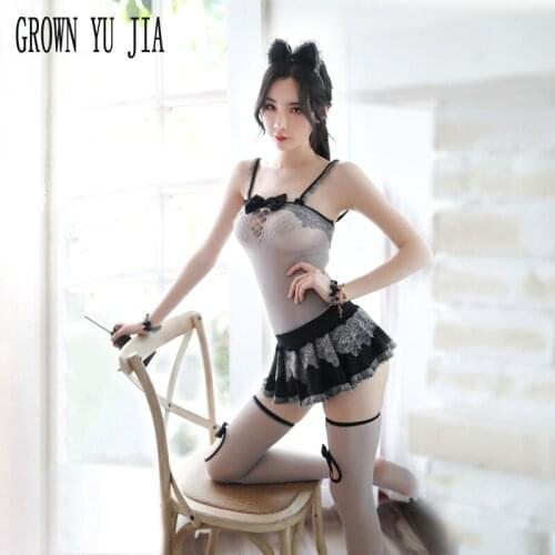 Sexy Women temptationmaid hollow out net skirt stockings set Erotic cosplay french maid uniforms porno japanese naughty lingerie