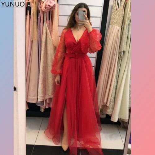 YUNUO Sexy Red A-line Evening Dresses Long Sleeves robe de soiree longo 2021 Side Slit V-neck Tulle Prom Dress вечерние платья