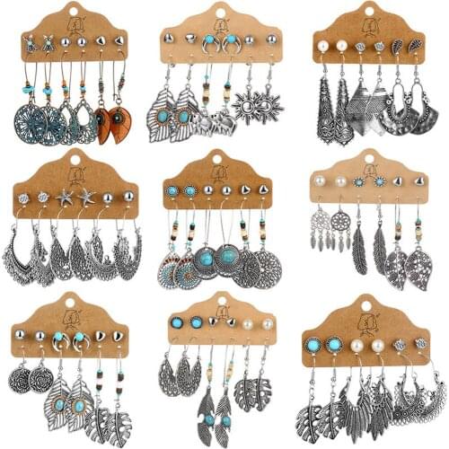 6 Pairs Hollow Drop Dangle Earrings Set For Women Bohemian National Eardrop With Bronze Waterdrop Leaf Feather Shaped Jewelry