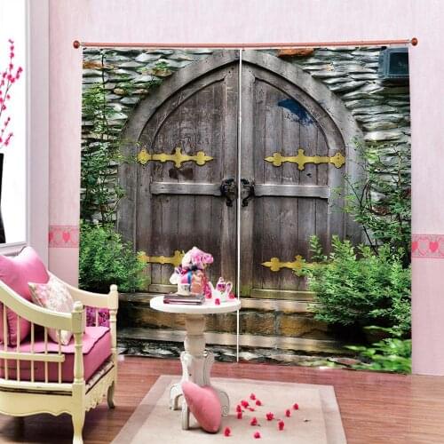 Funny Wood Door Pattern Curtain Wood Door Vintage Polyester Print Window Drapes For Living room Bedroom Decor Customizable size