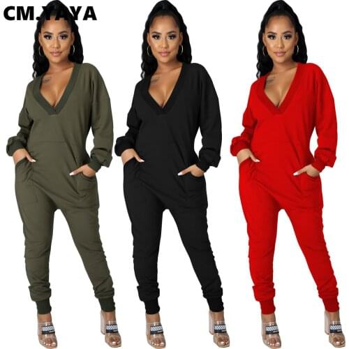 CM.YAYA Autumn Deep V-neck Womens Haren Jumpsuit Sexy Club Party One Piece Overall Streetwear Long Sleeve Rompers Outfit