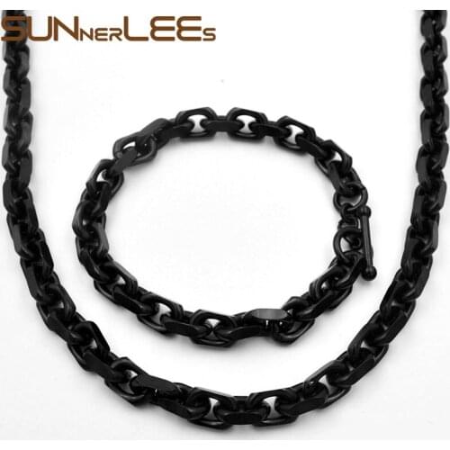 SUNNERLEES Fashion Jewelry Stainless Steel Necklace Bracelet Set 8mm Link Chain Black Silver Color Men Women Gift SC914 S