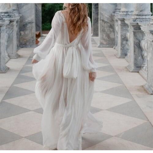 Boat Neck Long Sleeve Bridal Gown A-Line Backless Wedding Dress Chiffon Boho Backless Romantic vestidos de mairee Wedding Dress