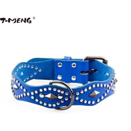T-MENG Brand Dog Collar Genuine Leather Retro Style Wavy Rivets Studded For Pitbull Boxer Pet Products Dogs Accessories Supplier