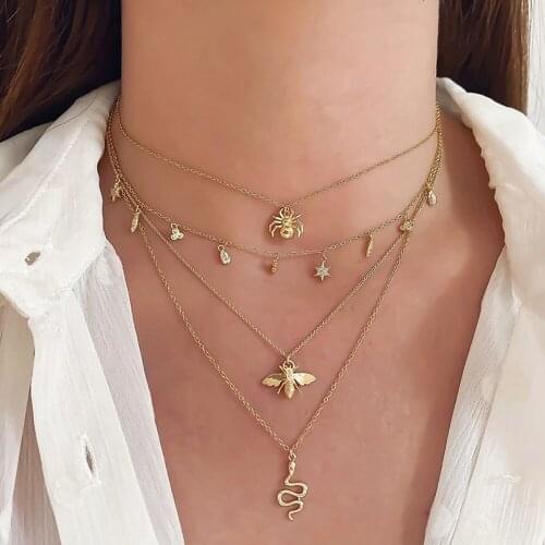 Vintage Geometric Fashion Multilevel Gold Spider Pendant Necklaces For Women Female New Snake Bee Crystal Chain Necklace Jewelry