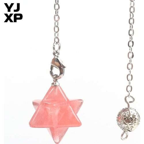 YJXP Silver Plated Link Chain Cherry Quartz Merkaba Pendulum Pendant Reiki Healing Dowsing Divination Balancing Amulet Jewelry