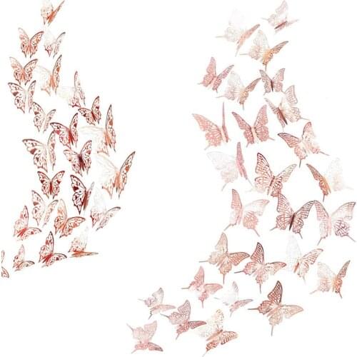 Mirror Paper Rose Gold Hollow Butterfly Wall Stickers Art Wall 3D Decal For Bridal Shower Wedding Birthday Party Home Room Decor