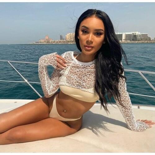 Women Fishnet Mesh Crop Top Bikini Set Swimwear Cover Up Sheer Long Sleeve Shirt