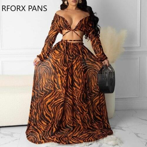 Women Chic Tiger stripes Crop Long Sleeves Lace up Wrap Sexy Maxi Skirt Sets