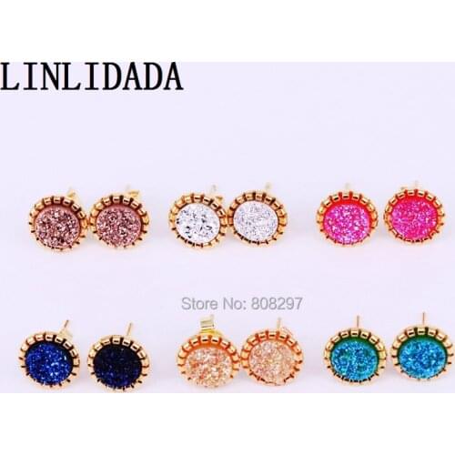 10Pair mix color round titanium quartz stone stud earrings, 11mm, fashion drusy geode earring