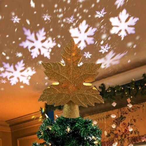 2020 Christmas Tree Topper with Rotating 3D Snowflake Projector Gold Glitter Hollow Light Leaves Star Christmas Tree Decorations
