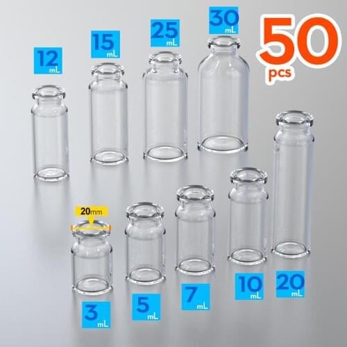 50pcs penicillin bottle glass bottle 3ml, 5ml, 7ml,10ml, 15ml, 20ml,25ml,30ml jars