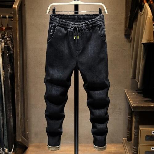5008 High Quality Men Pencil Jeans Fashion Chic Casual Cowboy Slim Fit Washing Stretch Waist Drawstring Black Denim Trousers