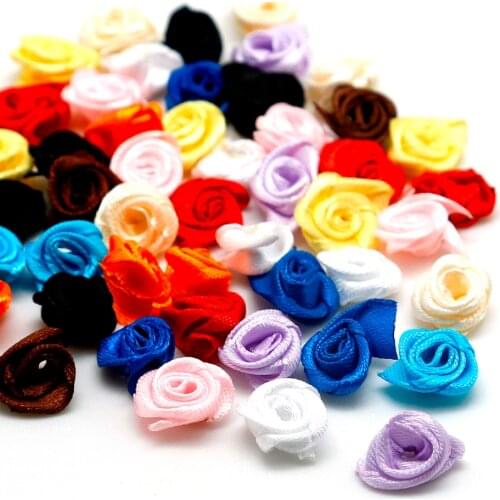 Hot Selling 50pcs/lot Multi Colors 1.5cm Handmade DIY Satin Ribbon Rose Flower Wedding Decoration Appliques Craft Accessories