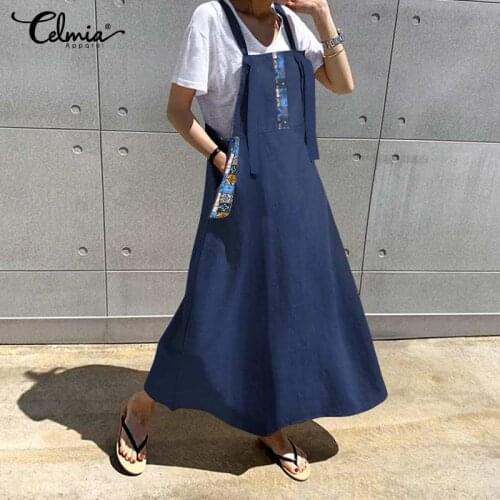 Celmia Vintage Casual Apron Dress Womens Sundress 2021 Summer Linen Overalls Printed Long Dress Female Maxi Vestidos Robe 7