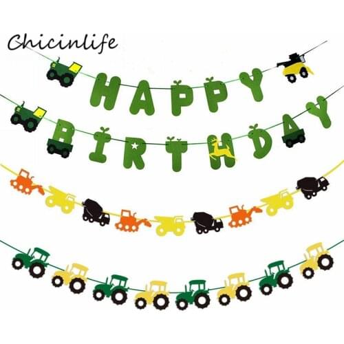 Chicinlife Tractor Happy Birthday Banner Excavator Construction Vehicle Garland Cupcake Topper Kids Birthday Party Decoration