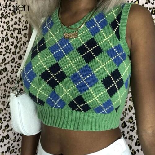 KLALIEN casual rib knitted plaid patchwork street tank top women high quality fashion office lady skinny soft top simple vest