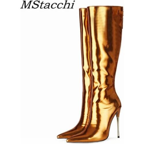 MStacchi Classics Women High Heel Boots Patent Leather Back Zipper Square Toe Plush In Shoes Punk Style Knee-length Boots Female