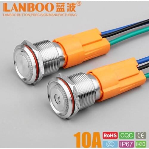 LANBOO button switch 19mm 10Amp High-current Button Switch Power Switch Flat Head Self Locking/ Reset soldering 1NO