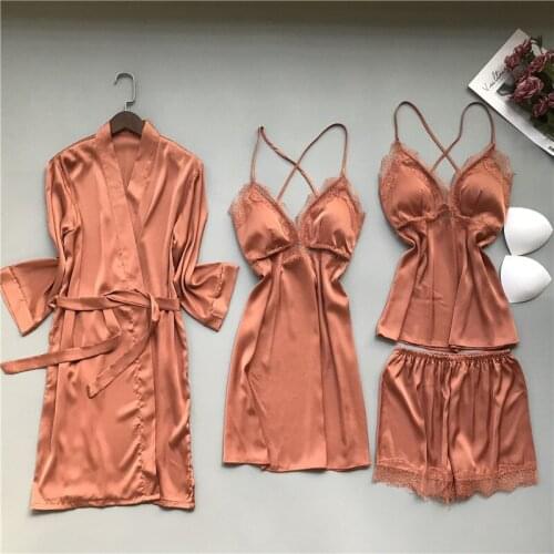 Autumn 4/3/2/1 Pcs Set Women Pyjama Satin High Quality Lace Sexy Sleepwear With Chest Pad Pajama Sets Women Sleepwear PIjamas