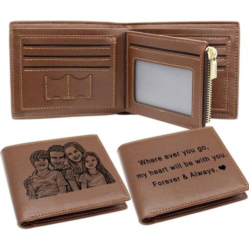 Picture Wallet Men Business Short Ultra-Thin Fashion Cowhide Bi-Fold Diy Customized Photo Carved Text Purse Valentines Day Gift