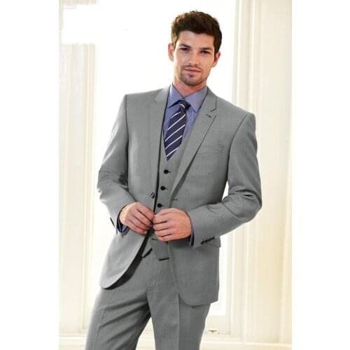 Custom Made To Measure Men Suit, Bespoke Light Grey Tuxedo Jacket And Pants With V-neck Vest,Classic Gray Wedding Suits For Men