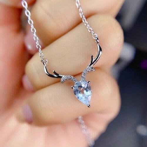 Natural Aquamarine Necklace natural light blue topaz Pendant Necklace S925 silver trendy fawn water drop girl gift Jewelry