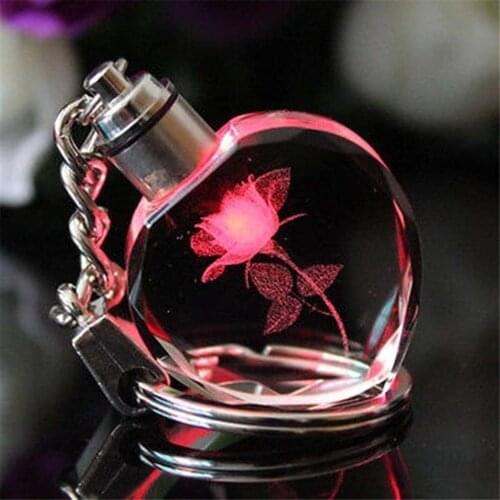 2021 New Fairy Crystal Rose LED Light Key Chain Love Heart Key Chain Ring Key ring for Women Bag Key Chains Summer Jewelry
