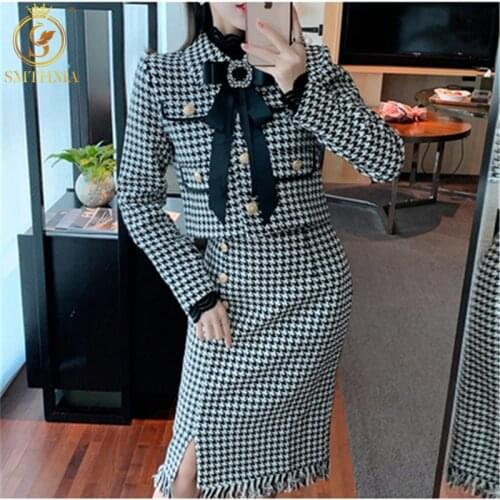 New Winter Women Sweet Elegant Tweed Two Piece Set Ladies Long Sleeve Houndstooth Jacket Coat＋Sexy Split Tassel Skirts Suit