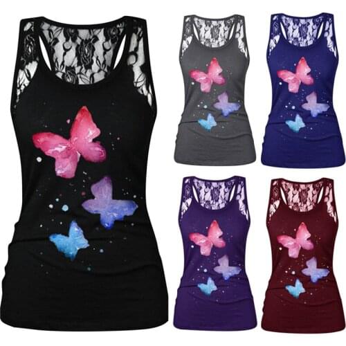 Spring and summer new womens printed butterfly lace sleeveless sexy womens T-shirt