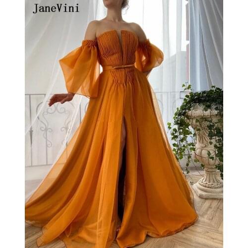 JaneVini 2020 Chiffon A Line Evening Dresses with Long Sleeve Dress Strapless High Split Plus Size Turkish Women Dinner Gowns