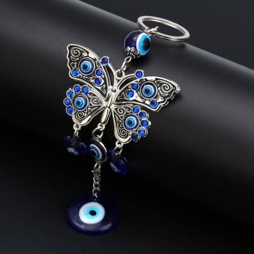 Vintage Turkish Evil Eye Blue Crystal Butterfly Keychain for Women girls Lucky Blue Eye amulet Pendant Fashion trinket Keyfob
