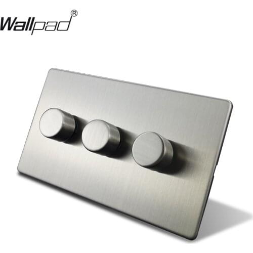 Wallpad Silver 3 Gang 2 Way 3 Buttons LED Dimmer Switch Satin Chrome Push On Off Stainless Steel Panel Metal Button