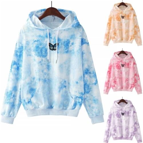 Womens Casual Tie-dye Butterfly Printing Long Sleeve Blouse Pocket Hooded Harajuku Sweatshirt Polerones De Mujer Top Big Blouse