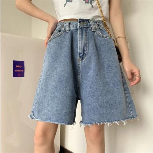 Loose High Waist Denim Shorts Women 2021 New Korean Raw Edge Straight Wide Leg Pants Thin Versatile Female Pants Shorts Blue