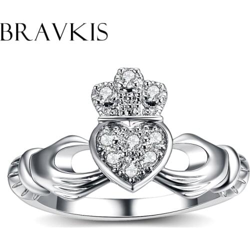 BRAVEKISS ur cz stone pave hand heart crown rings for women wedding engagement promise hollow ring bands anillo jewel BUR0127