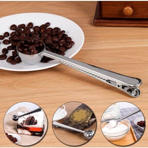 1Pc Silver Stainless Steel Coffee Tea Flour Measuring Scoop Spoon With Bag Sealing Clip Clamp Kitchen Bar Multifunction Tool