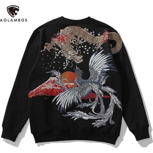 Aolamegs Mens Japanese Sweatshirts Autumn High Street Pullover Dragon & Phoenix Embroidery Streetwear Fashion Oversized Tops