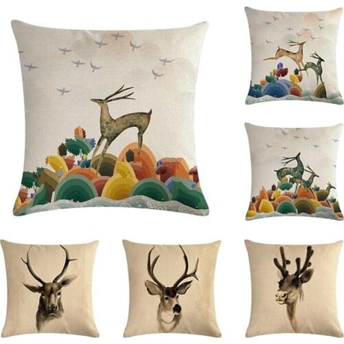 45x45cm Deer Cushion Cover Cotton Linen Decorate Animal Pillow Cover Home Office Decor Elk Throw Pillow Cover