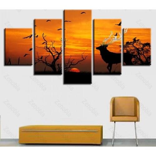 Home Poster Deer and Birds In The Sunset Home Decoration Canvas Painting Wall Art for Living Room and Bedroom Frameless Style