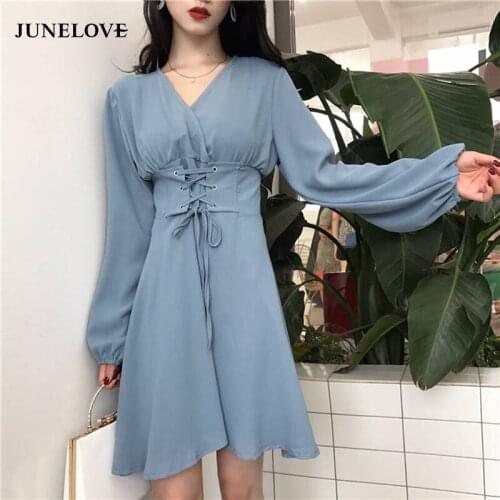 JuneLove 2020 Spring Women Drawstring Mini Dress Vintage Lady V-neck Long Sleeve Slim Dress Casual Female Retro A-line Vestidos