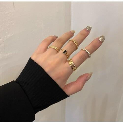 5pcs Fashion Punk Joint Ring Set Geometric Minimalist Jewelry Metal Circular Golden Ring For Women Street Dance Accessiory