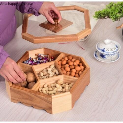 Solid Wood with Cover Dried Fruit Box Snack Storage Box Chinese Style Nut Dried Fruit Plate Living Room Home Sorting Container