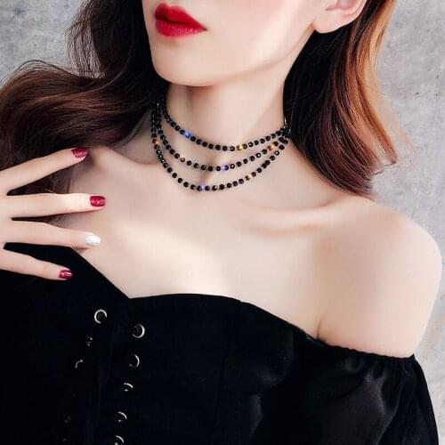 Fashion 3 Layer Black Crystal Beads Choker Necklaces For Women Silver Color Circle Collar Clavicle Chain Korean Jewelry