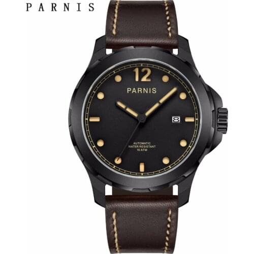 Parnis Mens Mechanical Watches Military Watch Men Automatic Wrist Watch Sapphire Auto Date Brown Genuine Leather Watchband