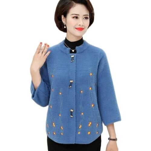 Imitation Mink Velvet Wool Coat Womens Casual Plus Size Knitted Cardigan Fall Winter Middle Aged Mother Elegant Sweater Jacket