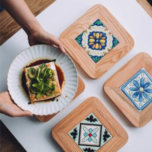 DUNXDECO Wood Coasters Table Placemat Floret brick Mat Pot Holder Kitchen Hot Insulation Mesa Vintage Simple Art Desk Decoration
